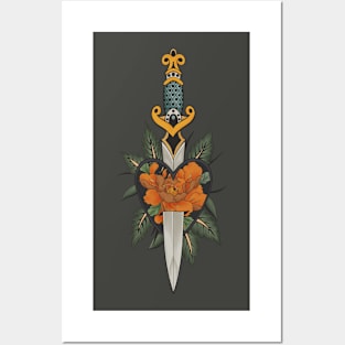 Gothic Sword and Floral Heart Tattoo - Orange Version Posters and Art